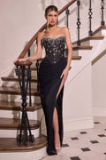 Strapless sheer corset formal gown in black with jeweled bodice and thigh-high slit