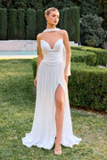 Off-white A-line chiffon dress with sweetheart neckline, draped bodice and front slit