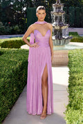 Lavender strapless chiffon evening dress with draped bodice and long slit skirt