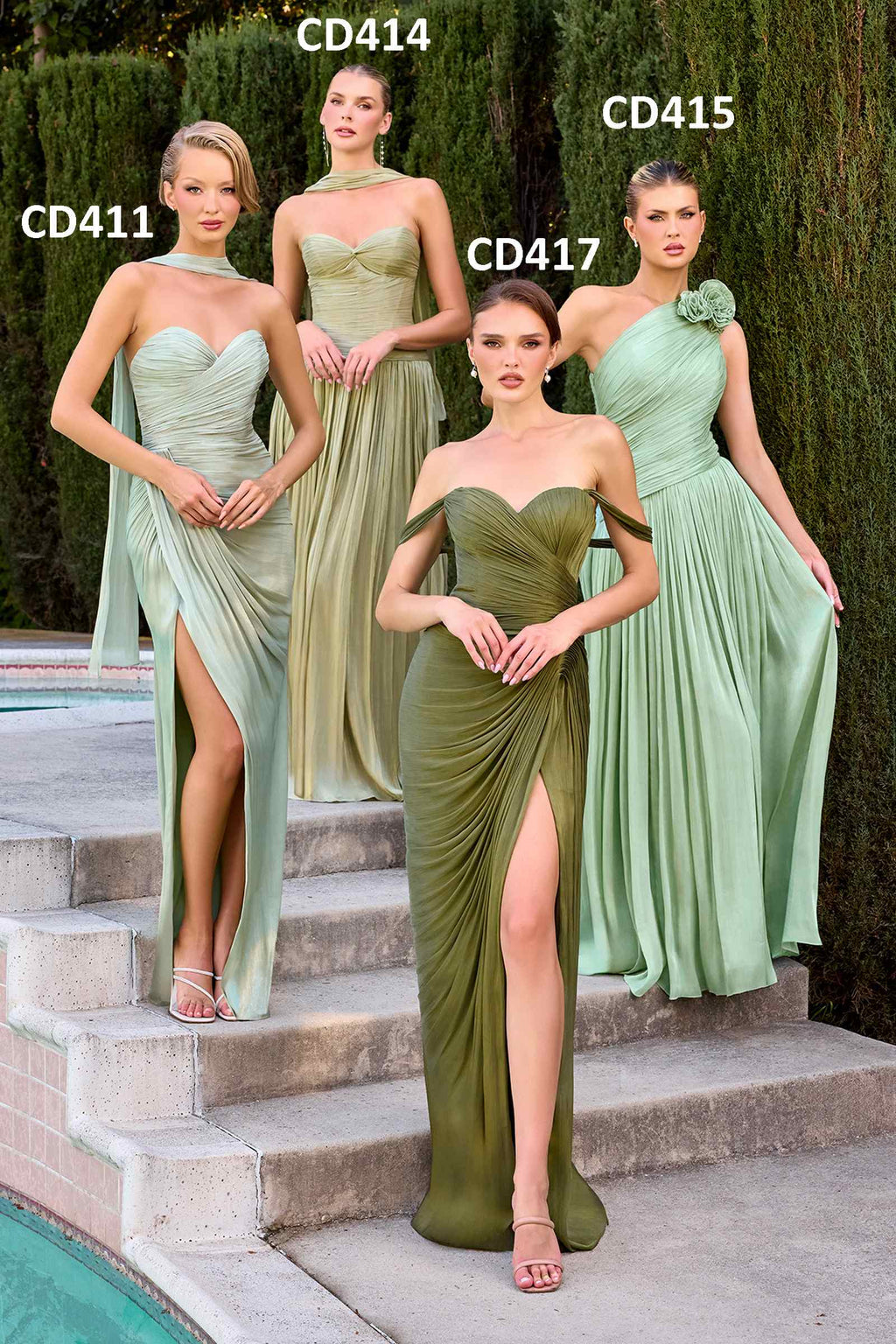 Ladivine one-shoulder pleated chiffon gowns, mint and olive green, long with side slit
