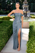 Smoky blue off-shoulder draped chiffon gown with side slit
