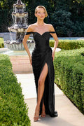 Black off-shoulder ruched chiffon fitted gown with side slit and draped neckline
