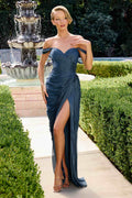 Off-shoulder teal chiffon gown with ruched bodice and side slit