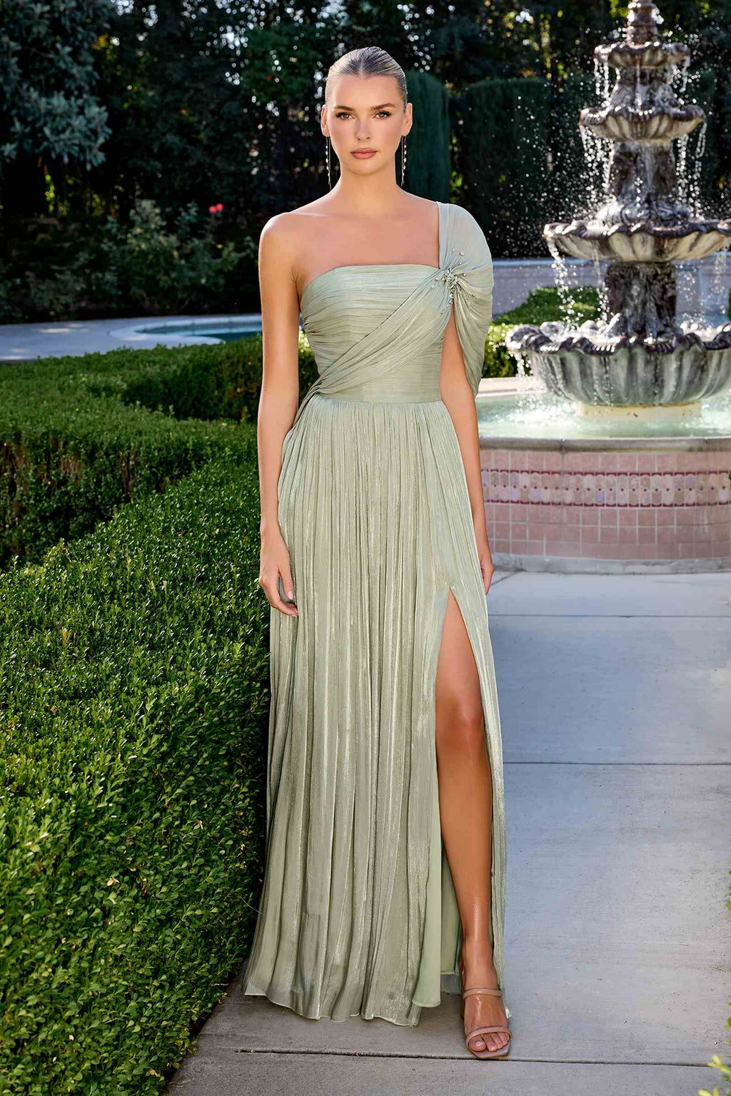 Sage green one-shoulder A-line pleated chiffon gown with draped knot detail