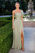 Sage green one-shoulder A-line pleated chiffon gown with draped knot detail