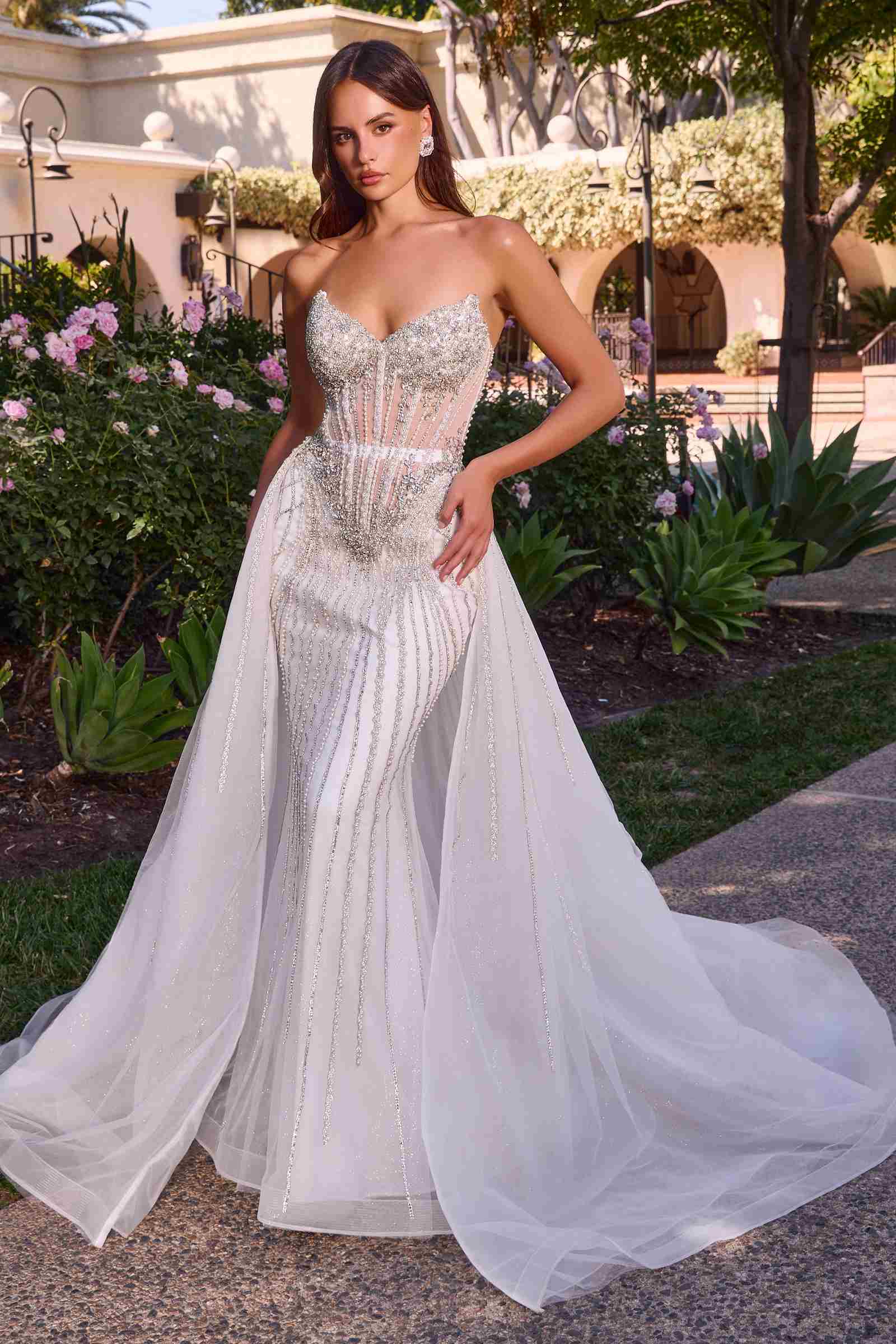 Ladivine CD643W Strapless Beaded Bridal Gown with Tulle Overskirt