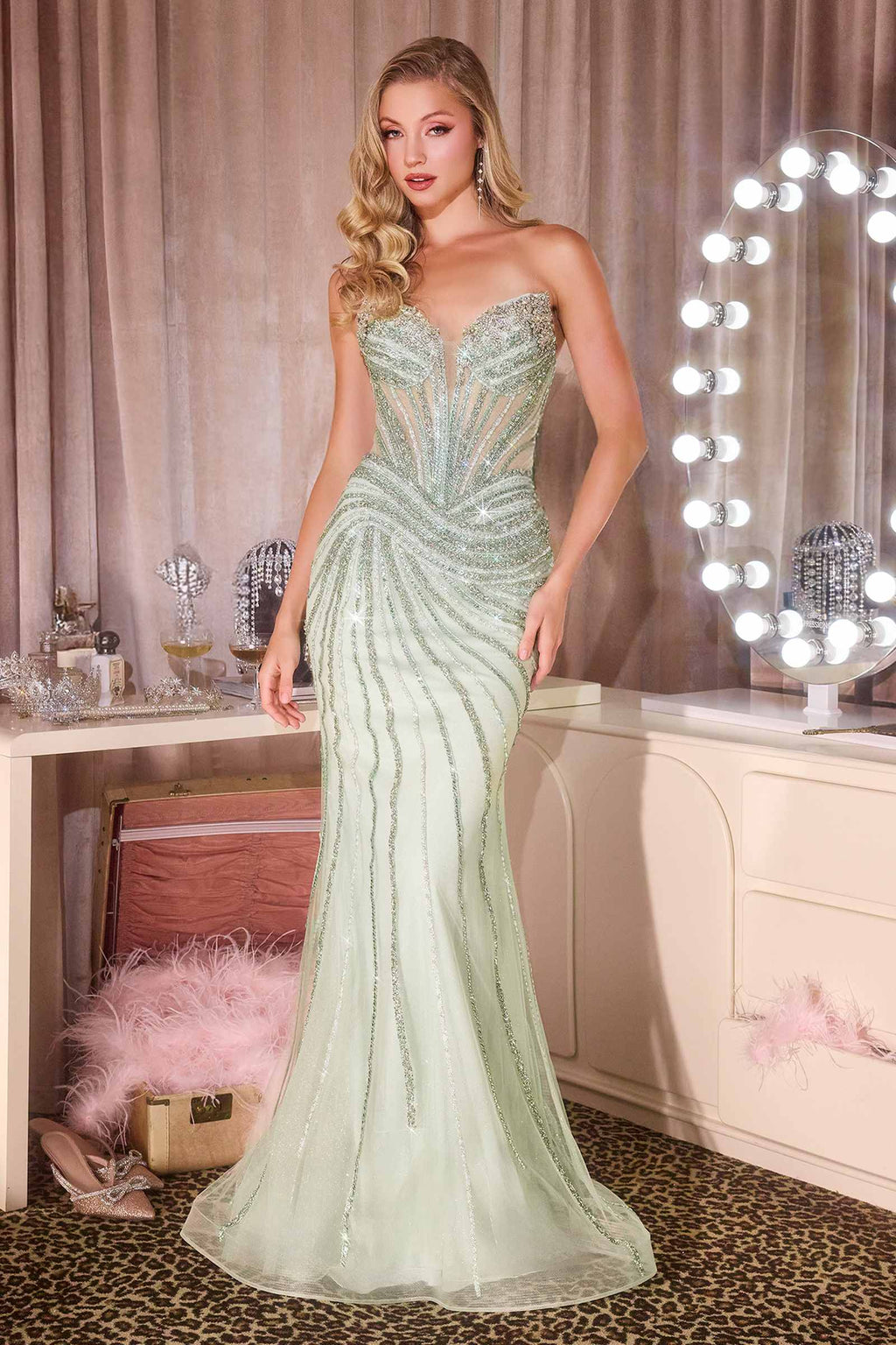 Embellished corset-style evening gown, mint-green sequins, sweetheart neckline, mermaid hem