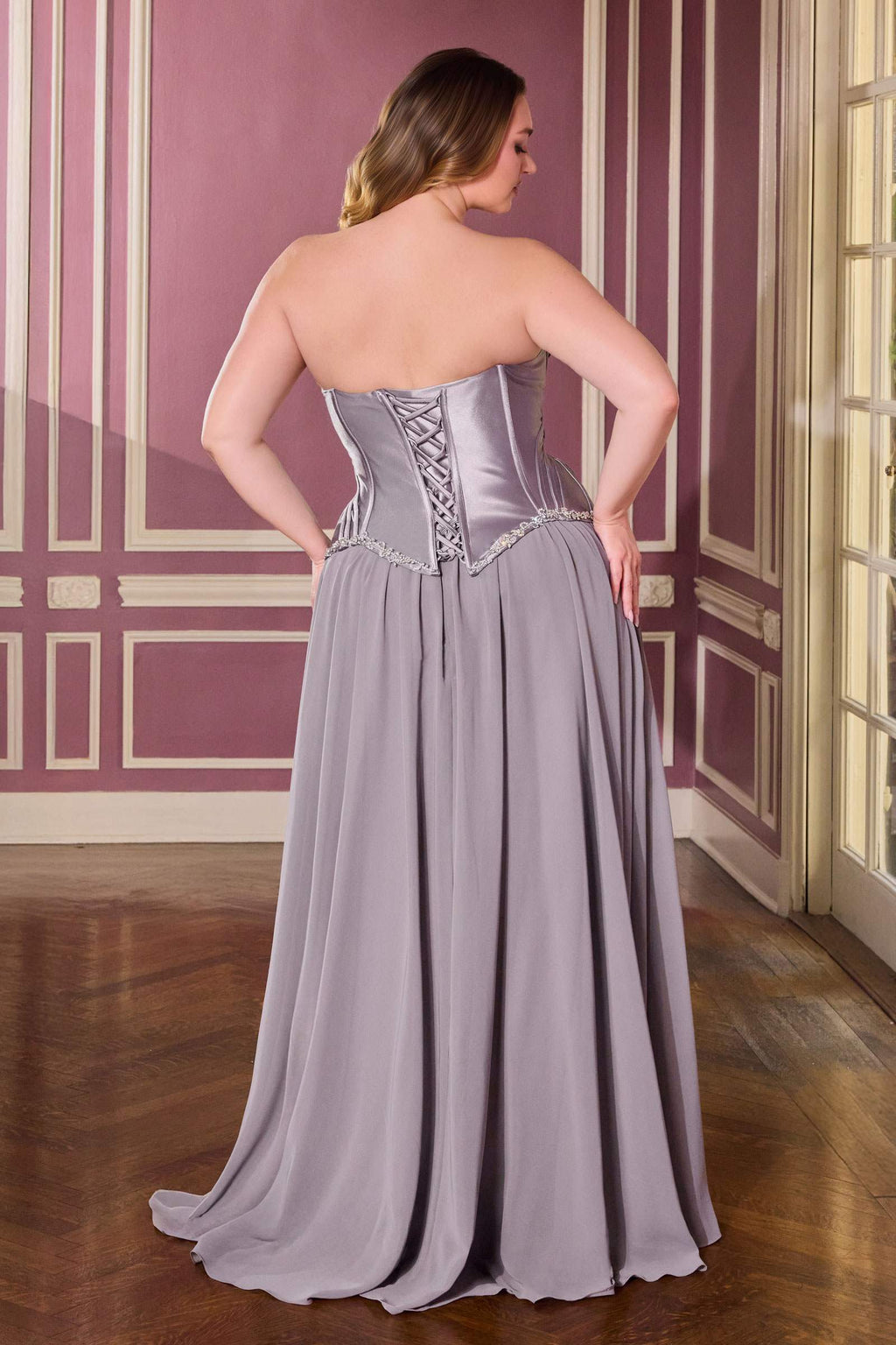 Satin corset bodice A-line ball gown, silver-gray with corset back detail.