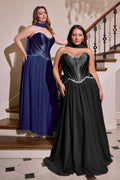 Satin corset bodice A-line ball gown, dark blue sweetheart neckline and pleated skirt.
