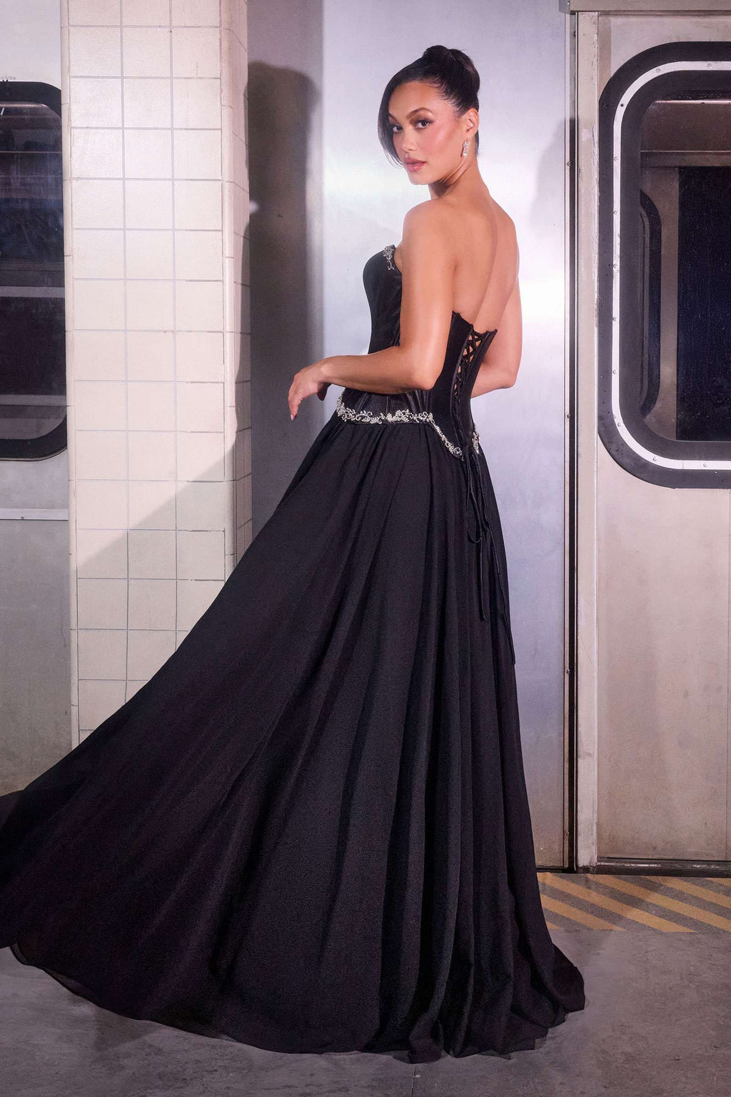 Black satin corset ball gown with A-line skirt, sweetheart bodice and beaded waist trim