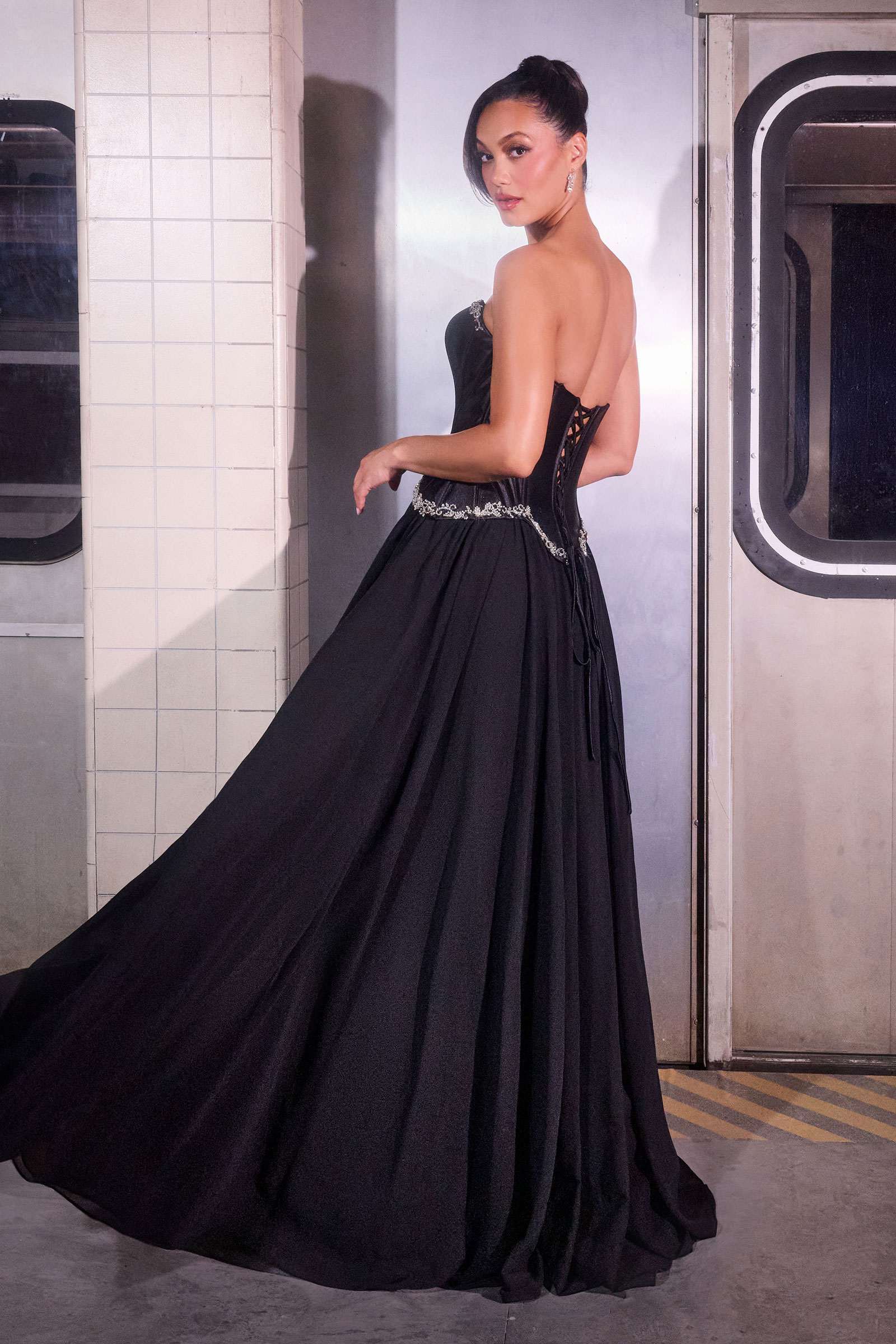 Black satin corset ball gown with A-line skirt, sweetheart bodice and beaded waist trim