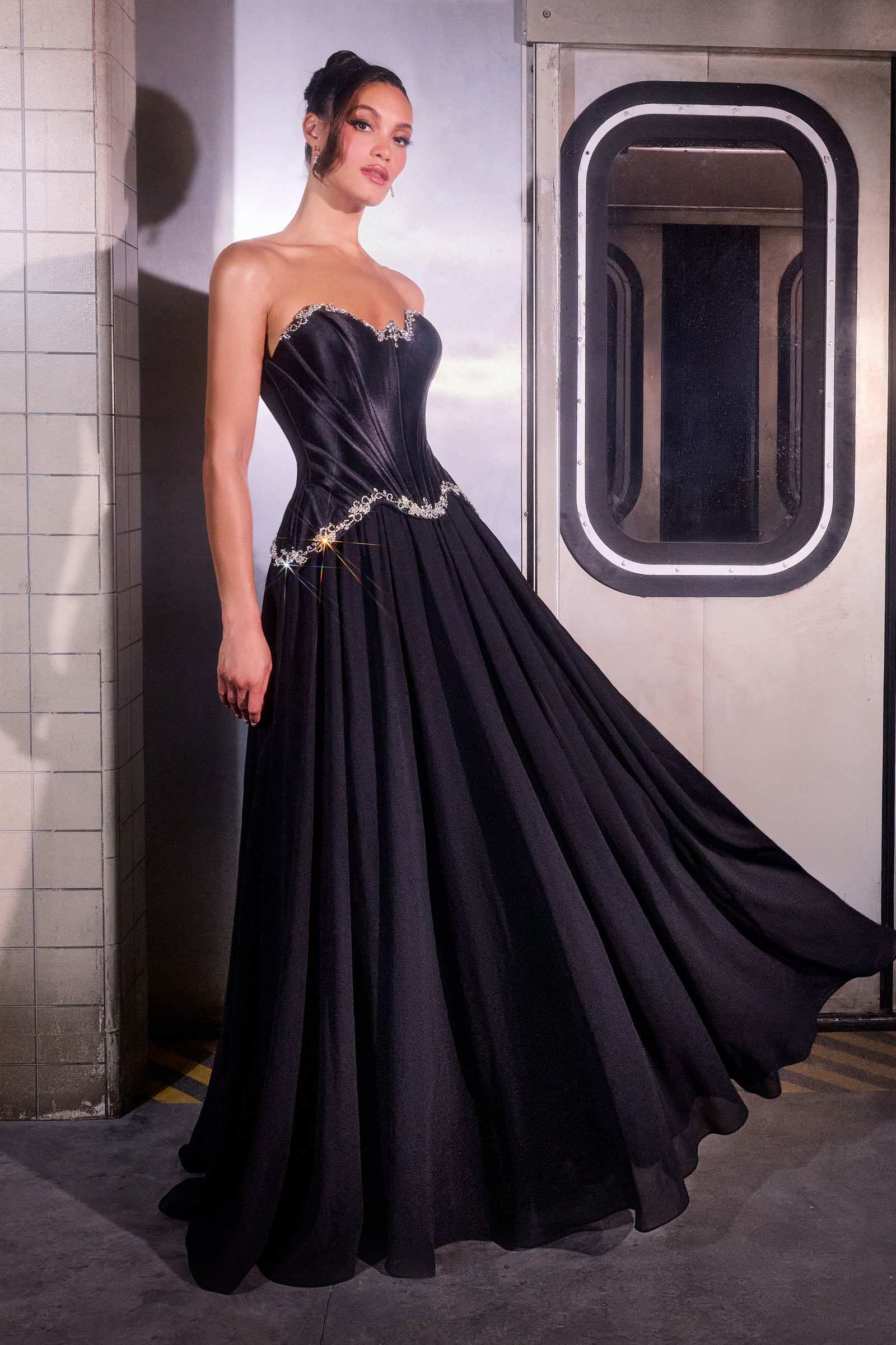Black satin corset ball gown with A-line skirt, strapless sweetheart neckline and embellished belt