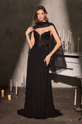 Black strapless A-line gown with sequined bodice and sheer drape overlay