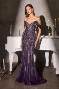 Sparkling sequin fitted gown with off-shoulder sweetheart neckline, long mermaid silhouette