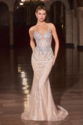 Iridescent nude fitted mermaid gown with spaghetti straps and plunging neckline, sequined