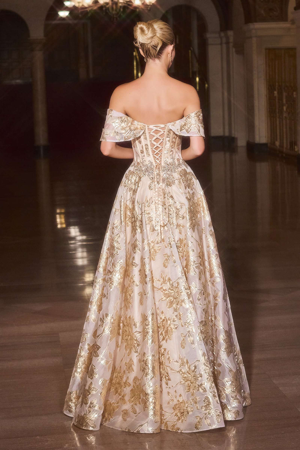 Gold off-shoulder beaded ball gown with corset back and lace-up detail