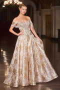 Gold off-shoulder beaded ball gown with allover embroidered sparkle and full skirt