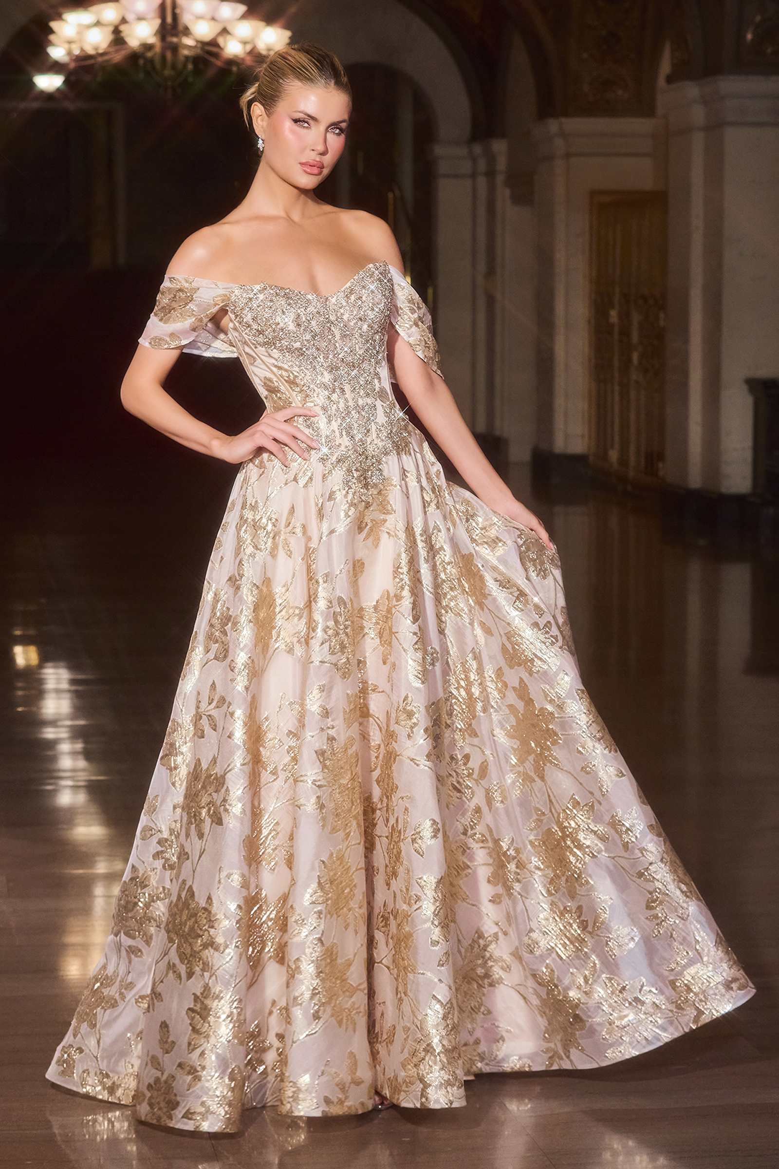Gold off-shoulder beaded ball gown with allover embroidered sparkle and full skirt