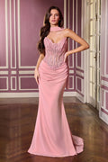 Dusty rose strapless embellished mesh fitted mermaid gown with draped waist