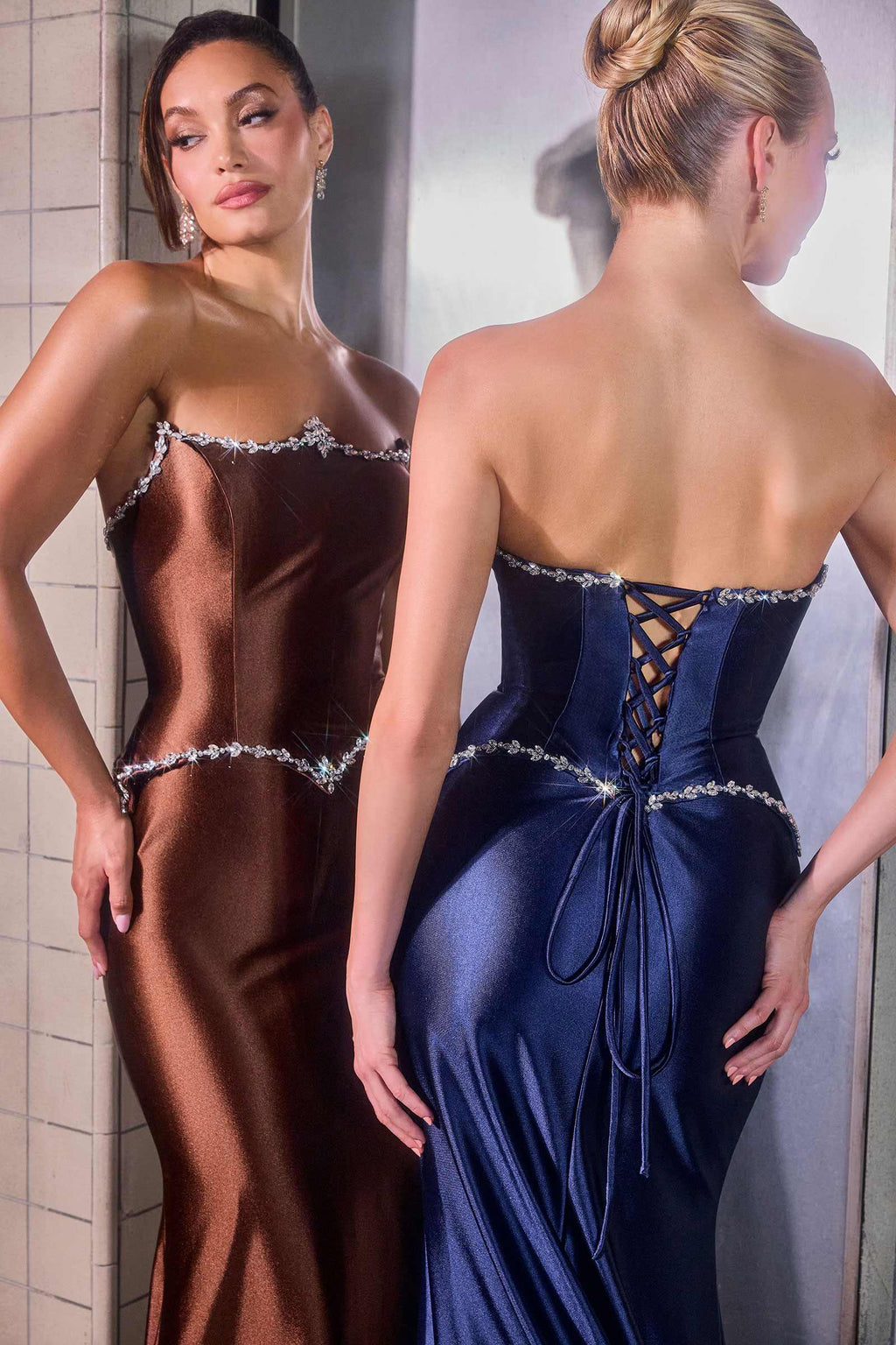 Satin strapless fitted gowns in espresso and navy, lace-up corset with low back ties.
