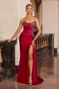 Deep red strapless satin gown with embellished bodice and thigh-high slit