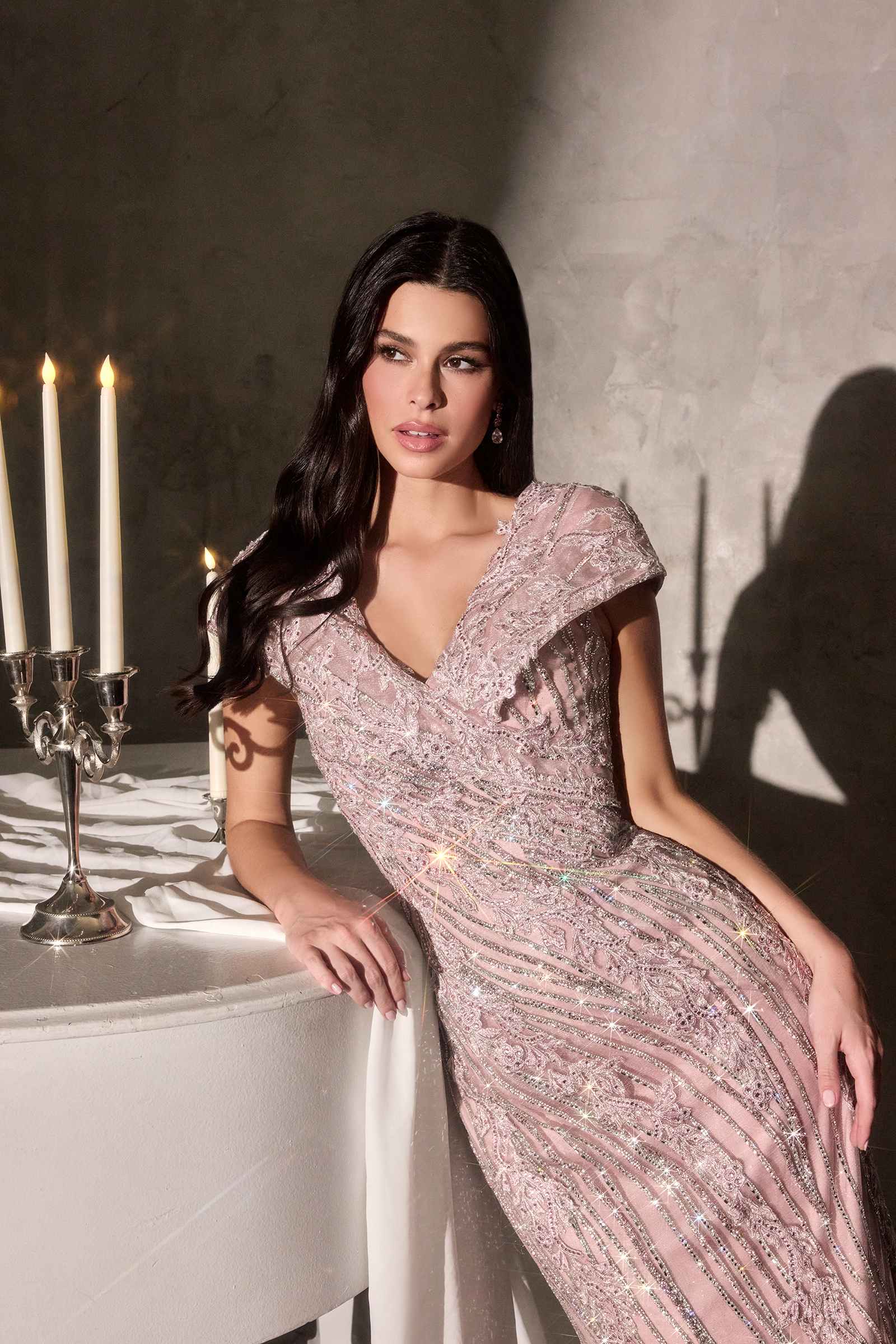 Mauve long cap-sleeve V-neck dress with sequined beading and draped skirt