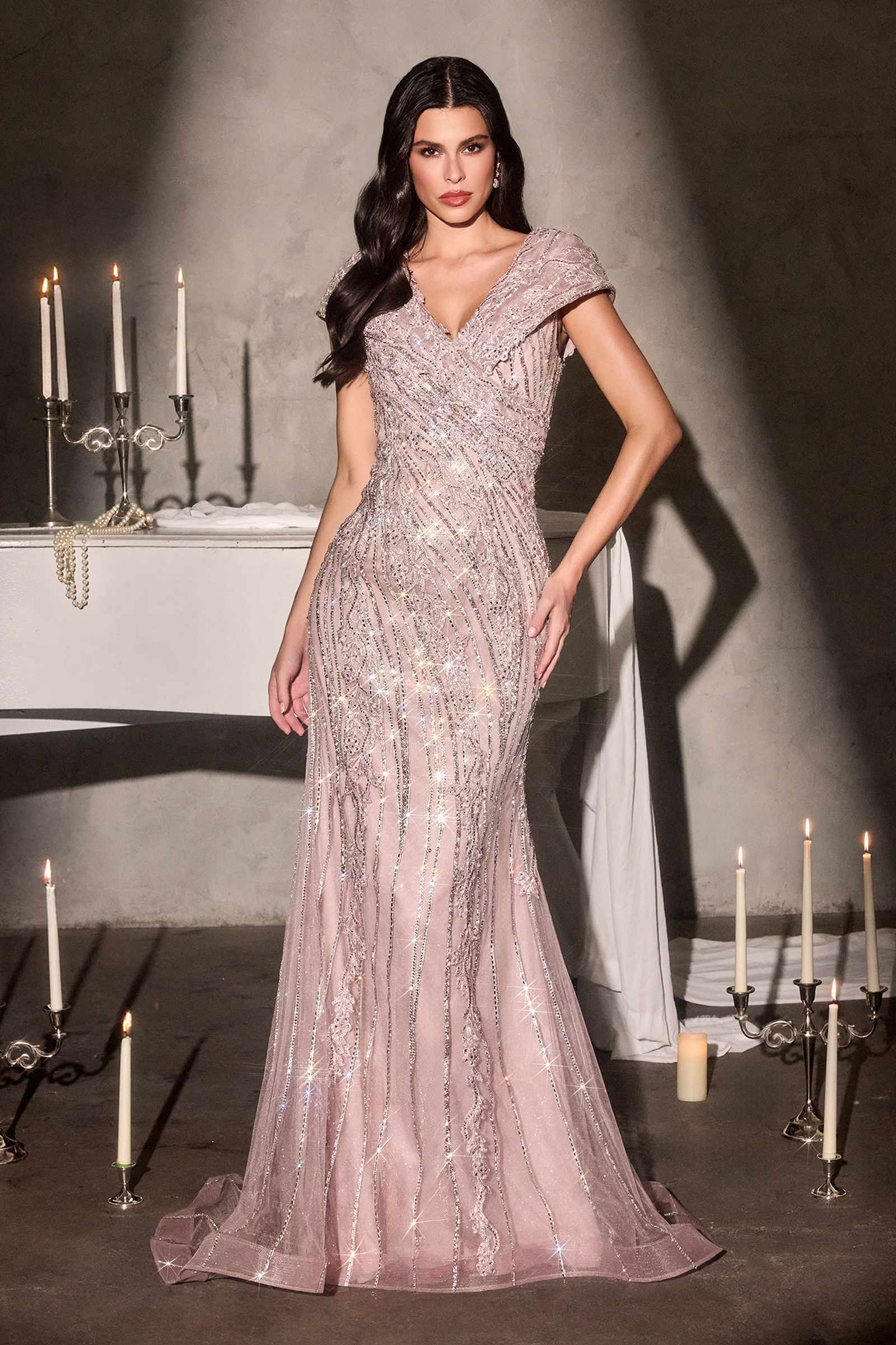 Mauve long cap-sleeve V-neck dress with sequined floor-length skirt