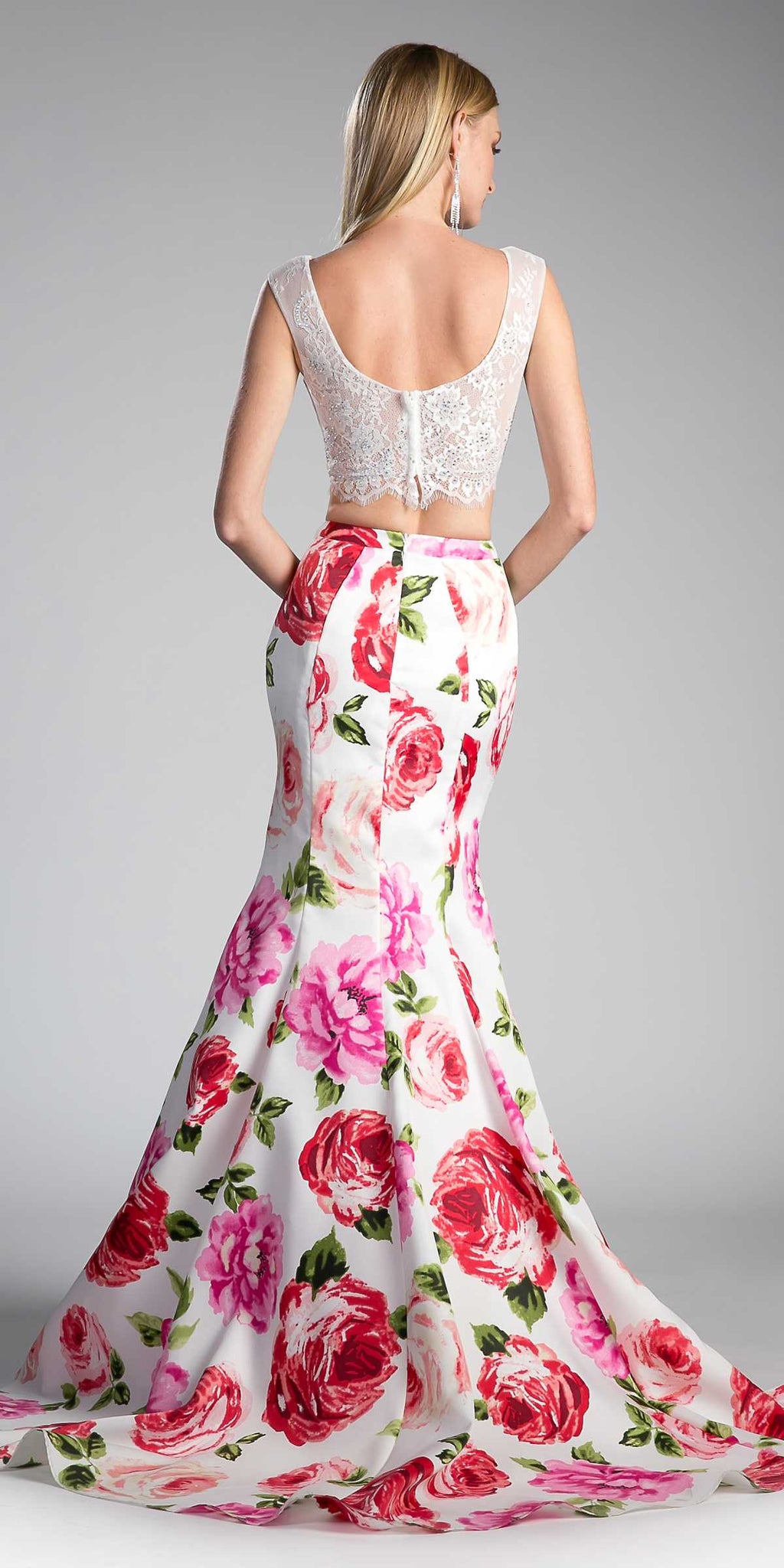 Long mermaid floral skirt (back view), white base with pink and red rose prints