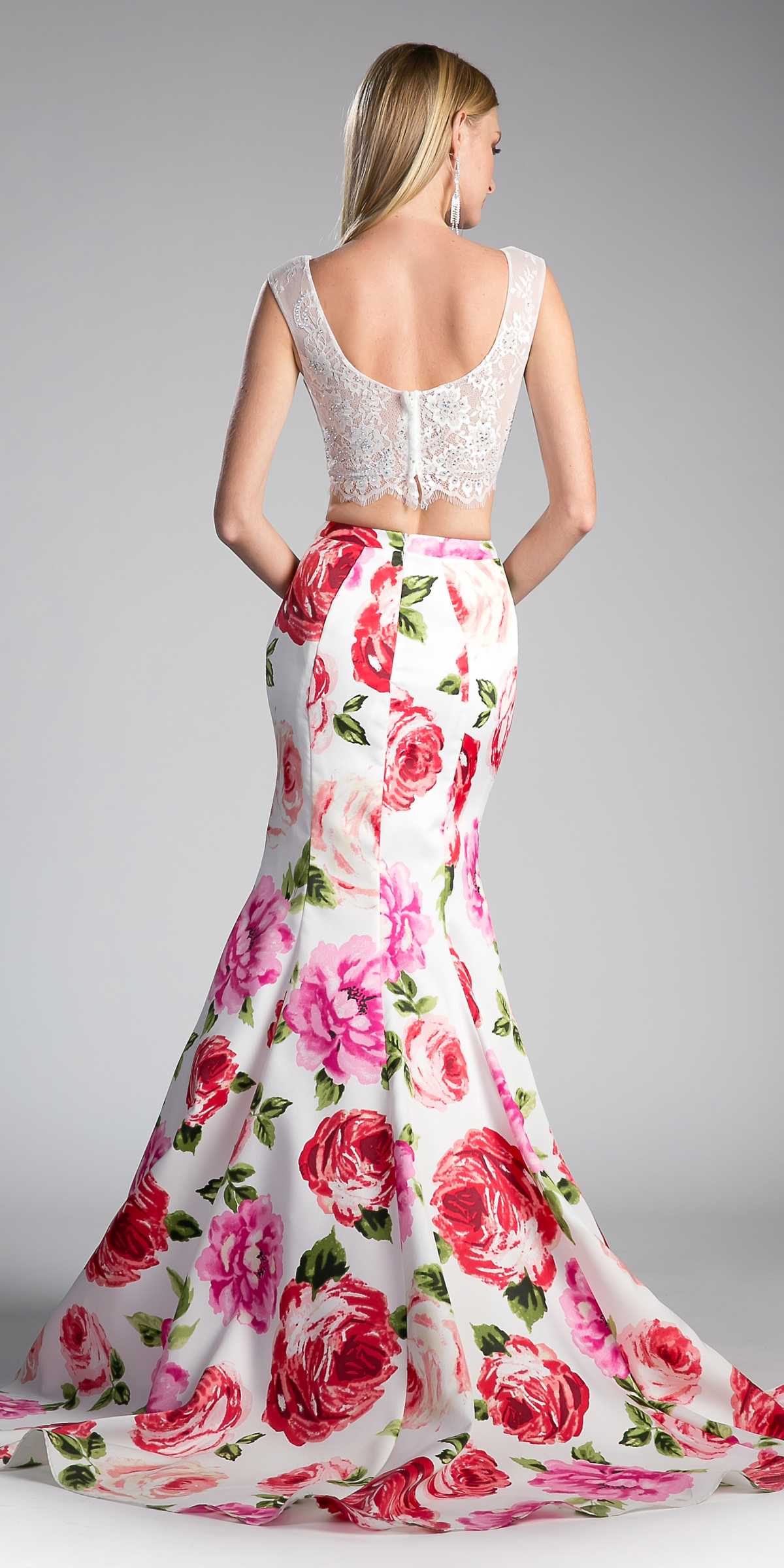 Long mermaid floral skirt (back view), white base with pink and red rose prints