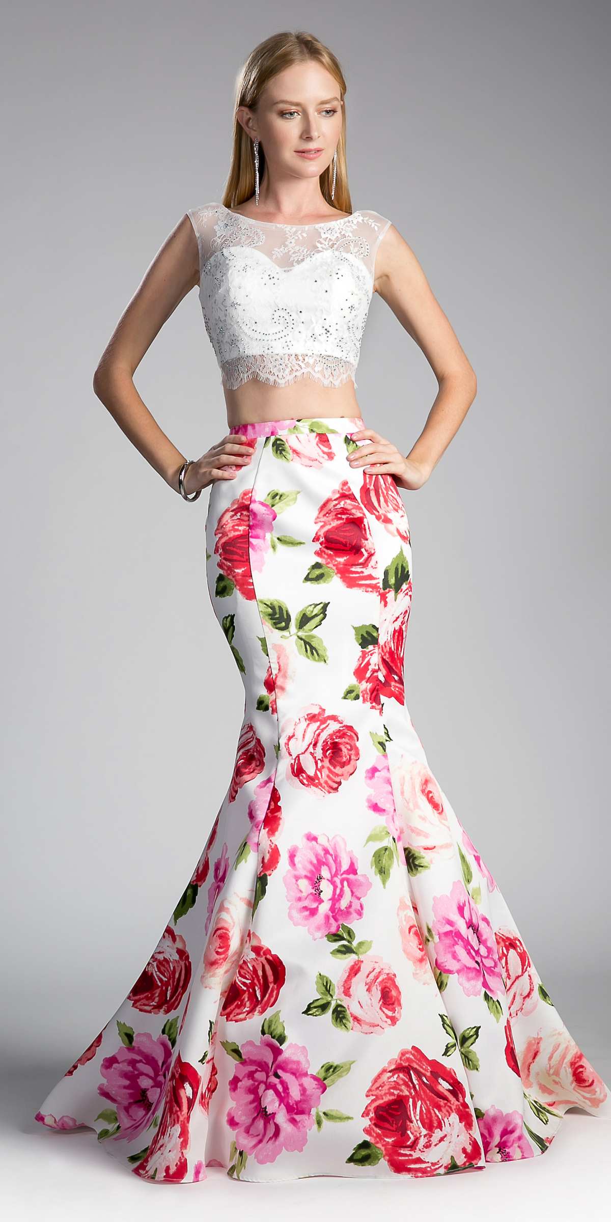 Long mermaid floral skirt, white base with pink and red rose prints