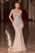 Strapless sweetheart evening gown with silver beaded corset bodice and fitted skirt