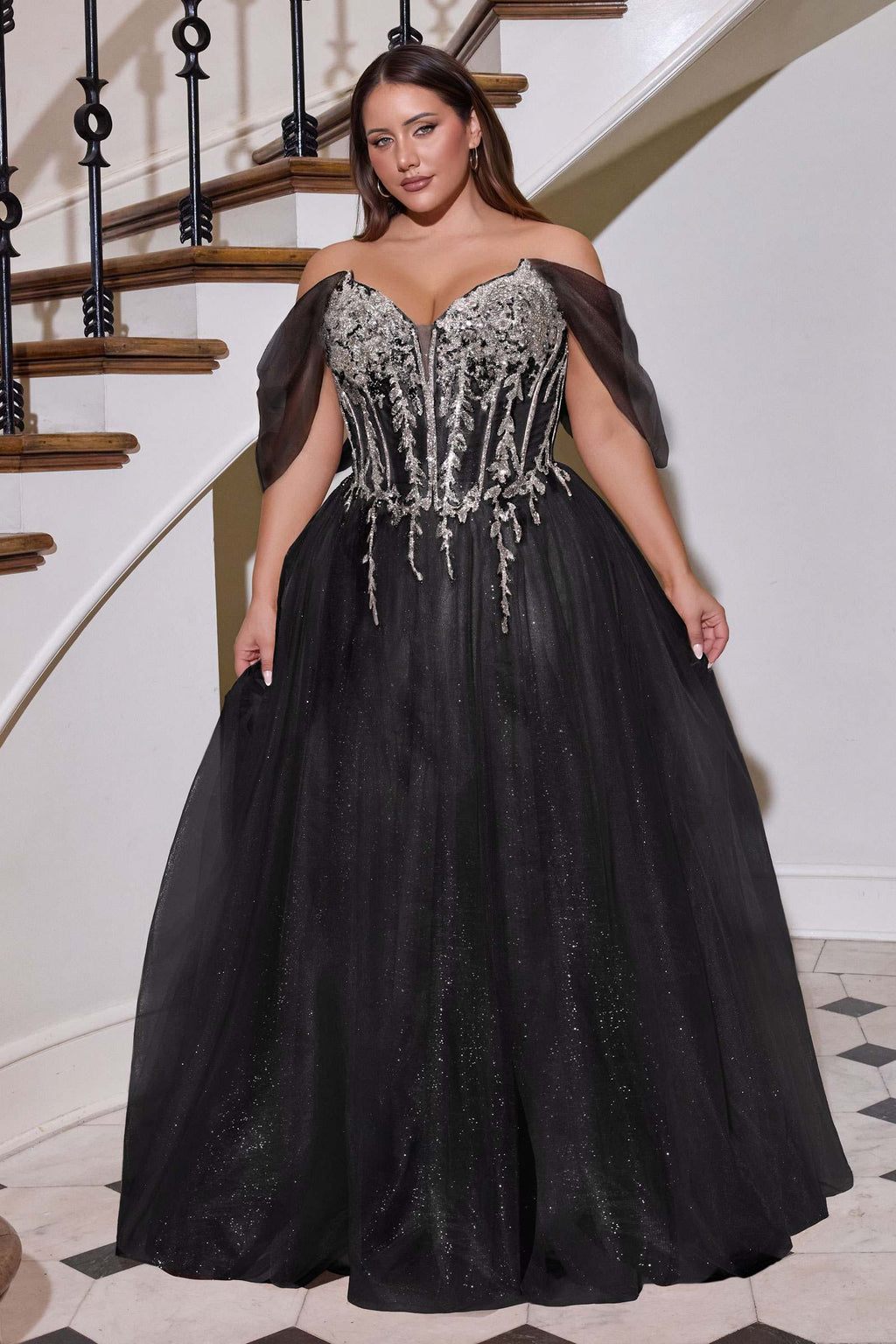 Plus size strapless A-line corset dress in black with silver sparkle tulle