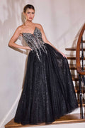 Black strapless A-line formal dress with sweetheart corset bodice and silver sparkle