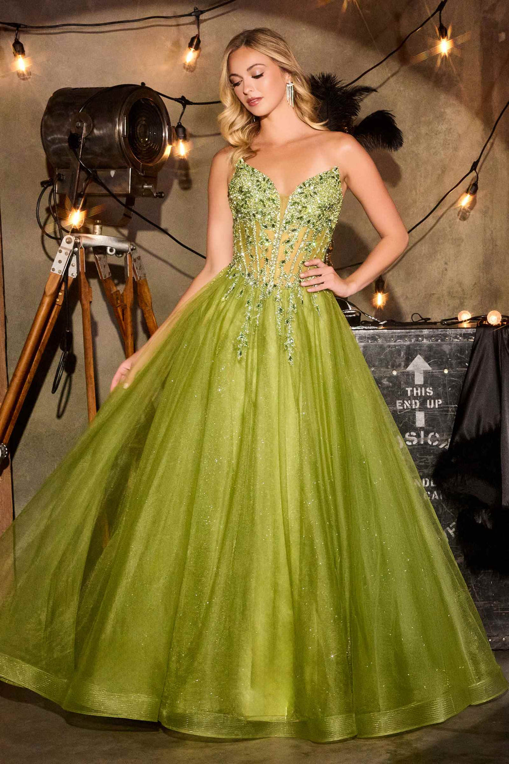 Bright green strapless A-line formal dress with sweetheart corset bodice and glitter tulle