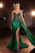 Emerald green strapless satin evening gown with jeweled bodice and front thigh slit