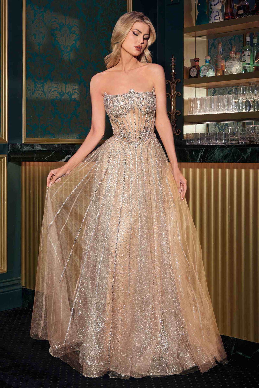 Champagne shimmer strapless A-line gown with sweetheart neckline and beaded bodice