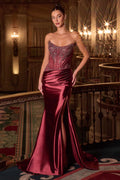 Strapless fitted gown with crystal bodice, burgundy satin skirt and side slit