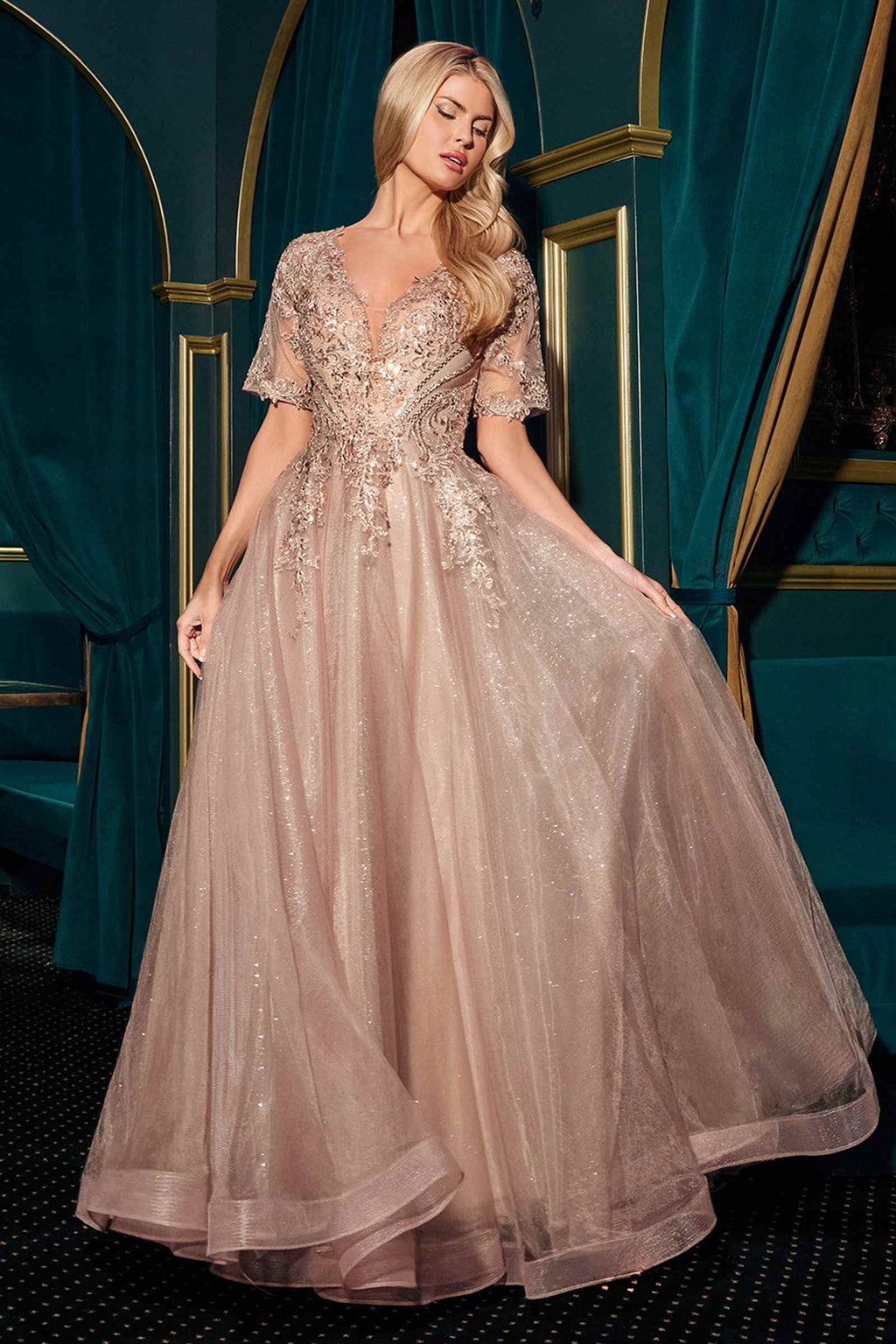 Mocha A-line V-neck glitter gown with short sleeves and voluminous layered skirt