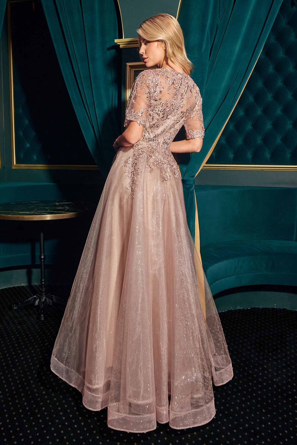 Mocha back-view A-line glitter V-neck gown with short sleeves and layered skirt