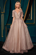 Mocha A-line V-neck glitter gown with short sleeves and layered skirt
