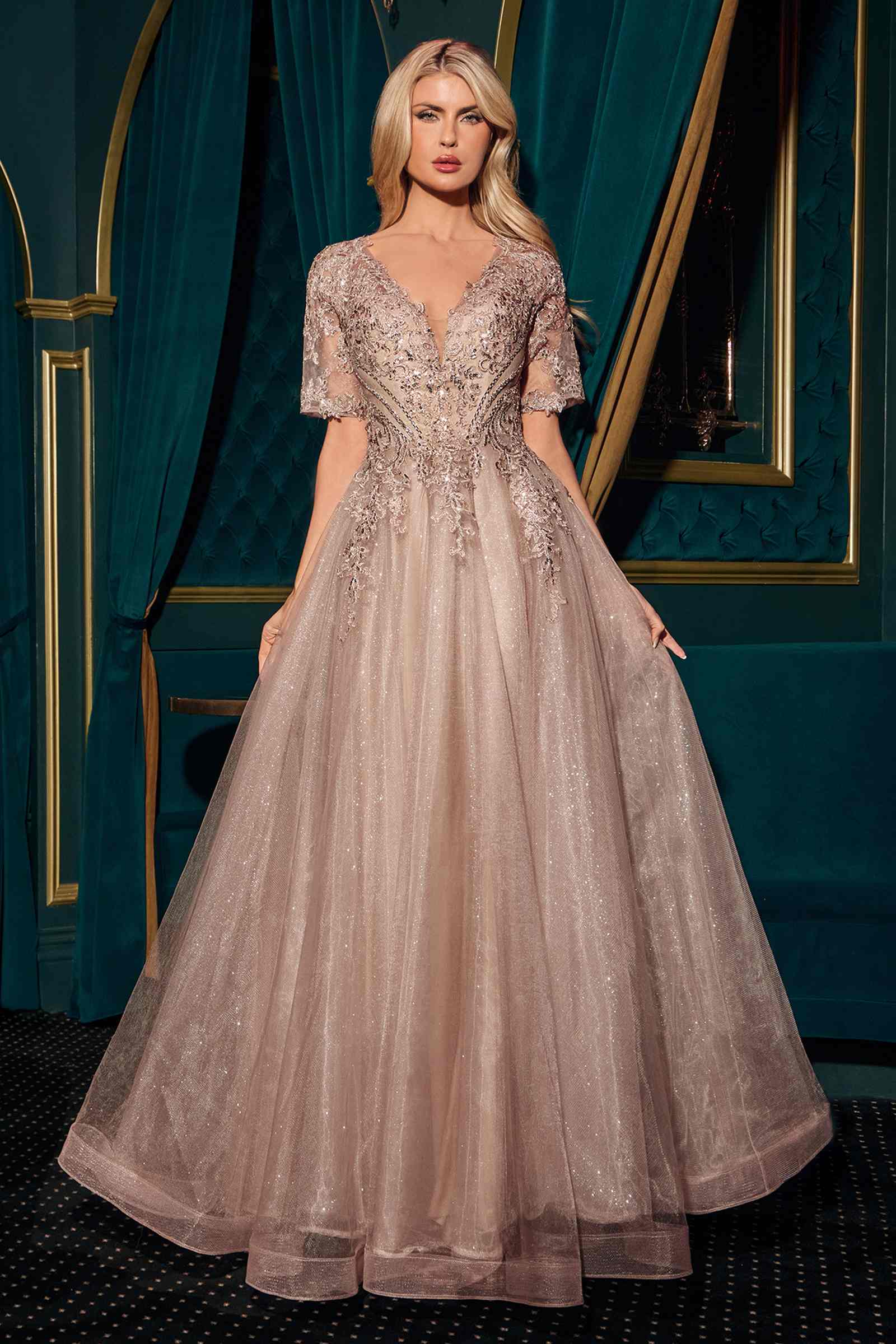 Mocha A-line V-neck glitter gown with short sleeves and layered skirt