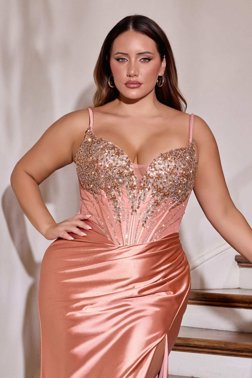 Rose gold satin prom gown with sparkle corset bodice and draped off-shoulder neckline