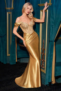 Gold satin off-shoulder prom gown with jeweled sweetheart bodice and side slit