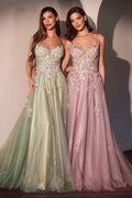 Layered glitter tulle A-line dress, sage green and mauve floral bodice