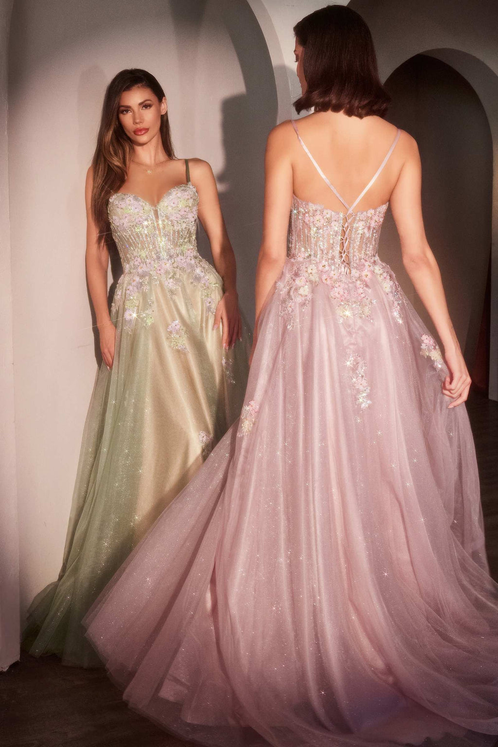 Layered glitter tulle A-line dress, sage green and mauve open-back straps