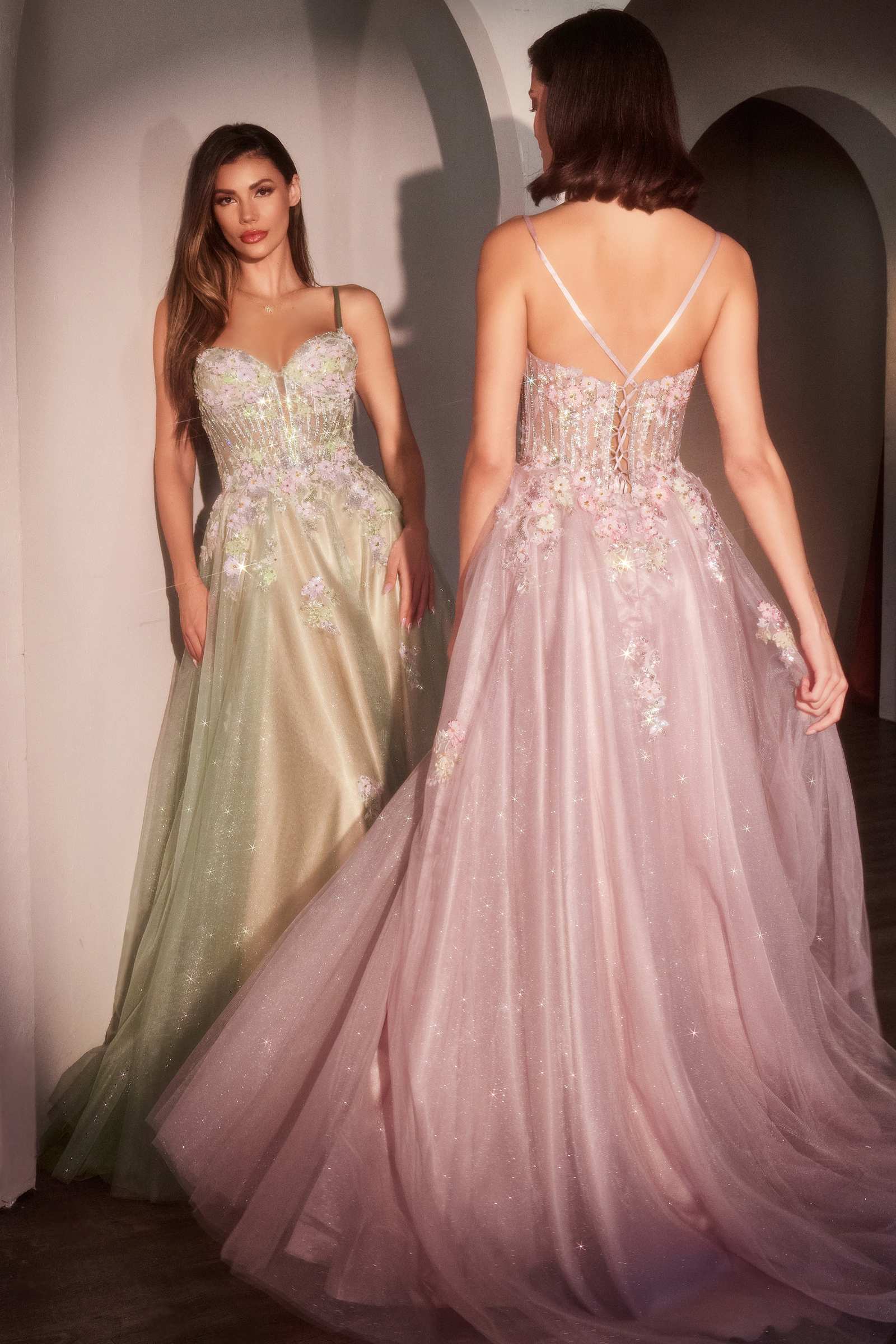 Layered glitter tulle A-line dress, sage green and mauve open-back straps