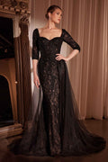 Black lace mermaid gown with one long sleeve and square off-shoulder neckline