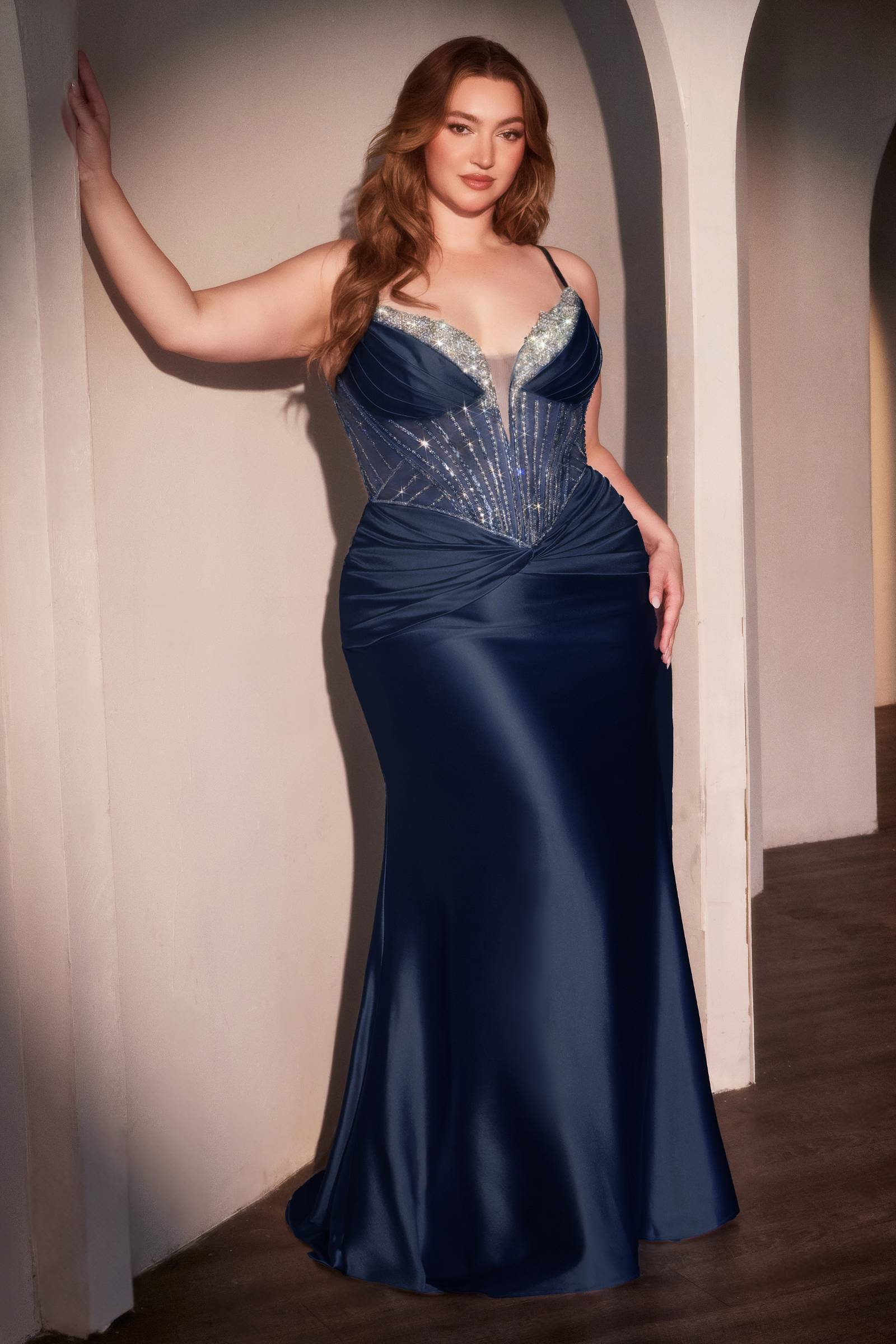 Dark blue satin fitted gown with beaded sweetheart neckline and long skirt