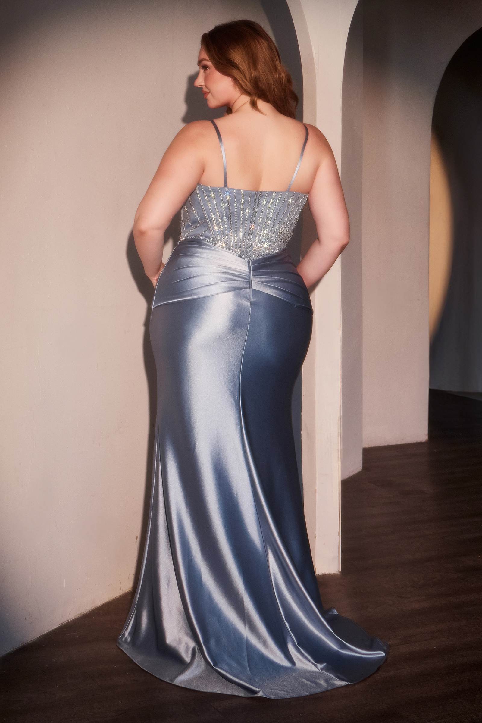 Silver blue satin mermaid gown with beaded backless straps and flared hem