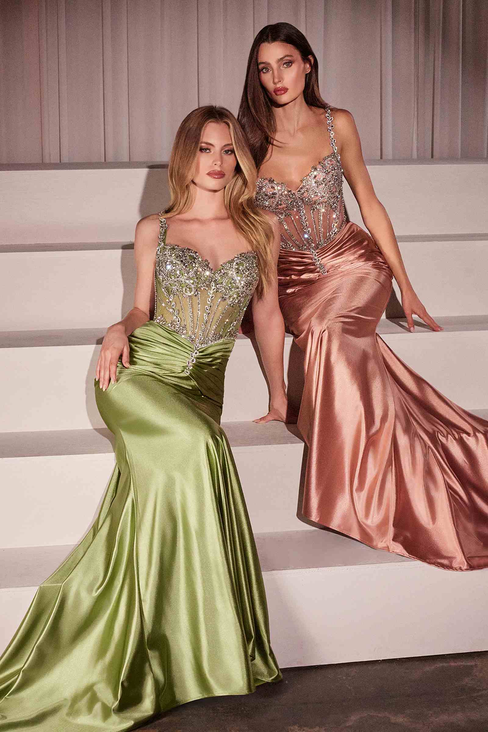 Two satin gowns: green and rose gold, both with crystal-embellished fitted bodices